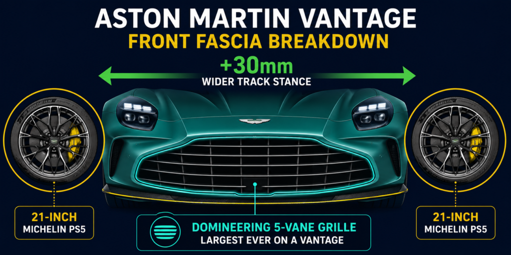 Front-view diagram of 2026 Aston Martin Vantage showing 30mm wider track stance and domineering 5-vane grille design.