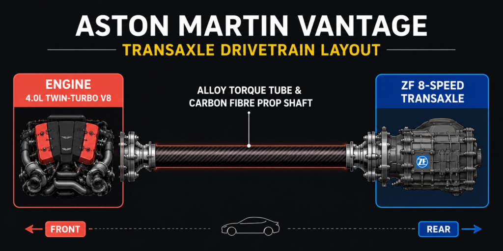 Aston Martin Vantage drivetrain diagram showing engine connected to rear ZF 8-speed transaxle via alloy torque tube and carbon prop shaft.