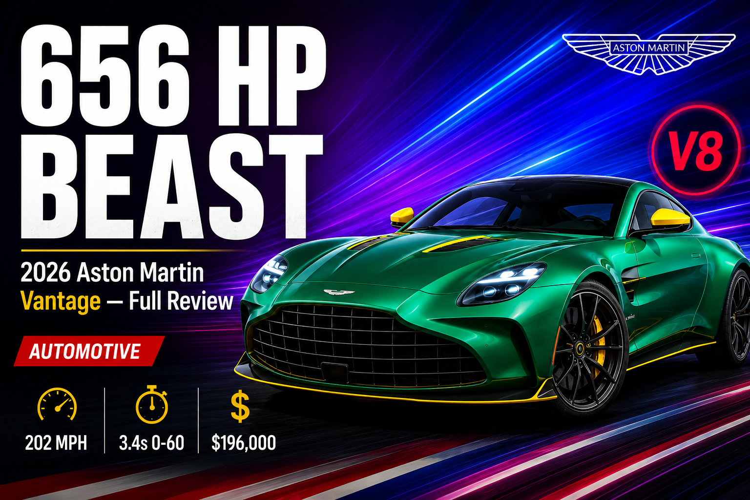 2026 Aston Martin Vantage coupe in Podium Green with twin-turbo V8 producing 656 horsepower and 202 mph top speed.