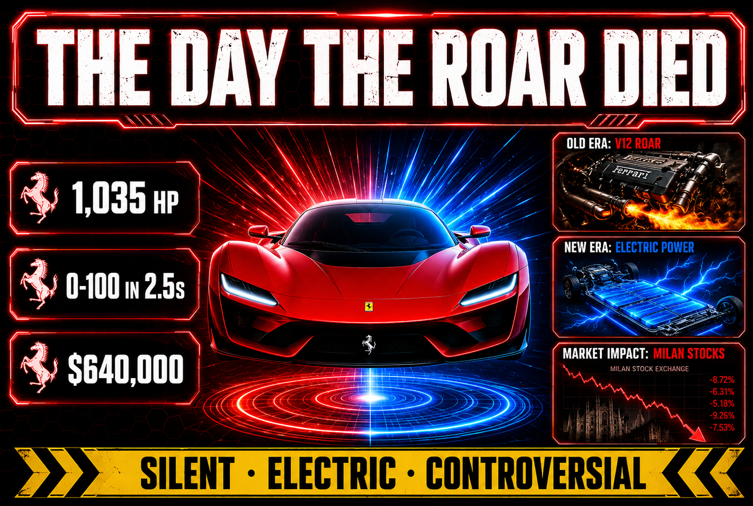 Cinematic thumbnail showing the Ferrari Luce 2026 all-electric supercar in iconic Ferrari red glowing on a neon platform with the bold headline "The Day the Roar Died" overlaid, featuring 1035 horsepower badge, V12 engine legacy panel, electric battery floor panel, and a stock market crash panel representing the $4 billion valuation drop after the controversial Rome unveiling