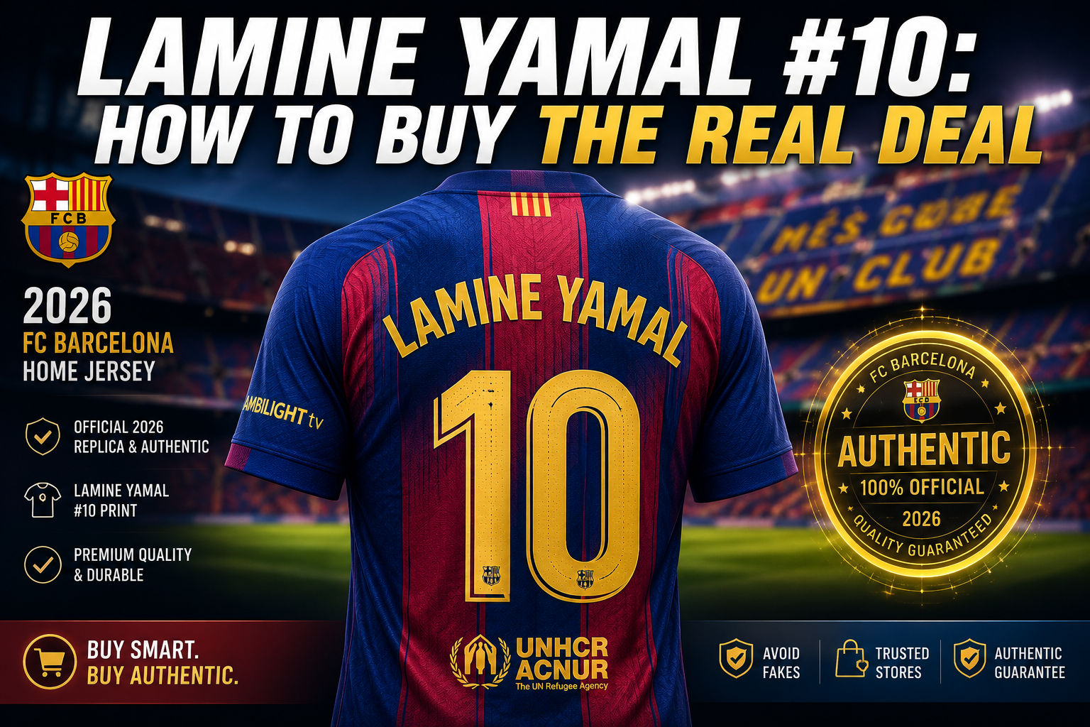 Back view of the 2026 FC Barcelona home jersey featuring Lamine Yamal #10 print, alongside an official authentic merchandise gold seal and buying tips