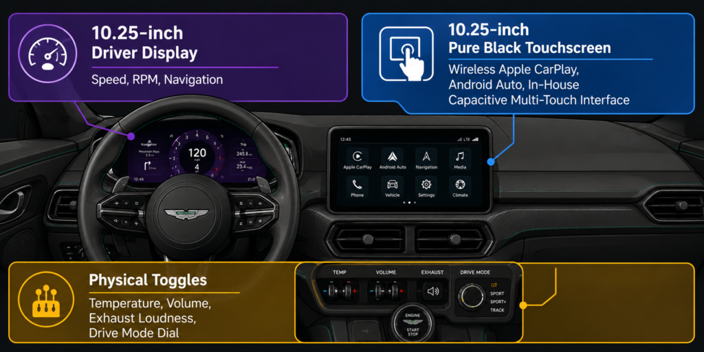 Aston Martin Vantage cockpit infotainment layout showing dual 10.25-inch displays and physical toggle controls for temperature, volume and drive mode