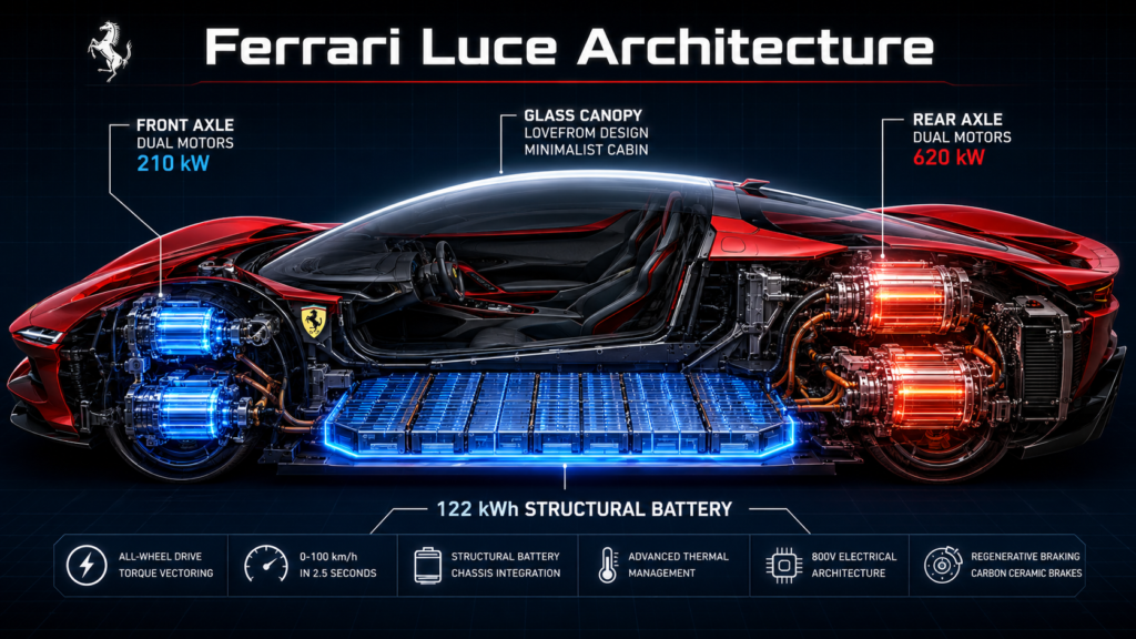 A detailed engineering cutaway of the Ferrari Luce on a dark navy background revealing its full internal architecture. The transparent body exposes front axle dual motors glowing in electric blue labeled 210 kW, a flat 122 kWh structural battery pack illuminated in cyan across the floor pan, and rear axle dual motors radiating in fiery amber-orange labeled 620 kW. The glass canopy and minimalist LoveFrom-designed cabin are visible above. Six spec badges line the bottom covering all-wheel drive torque vectoring, 0–100 in 2.5 seconds, structural battery chassis integration, advanced thermal management, 800V electrical architecture, and regenerative carbon ceramic braking.