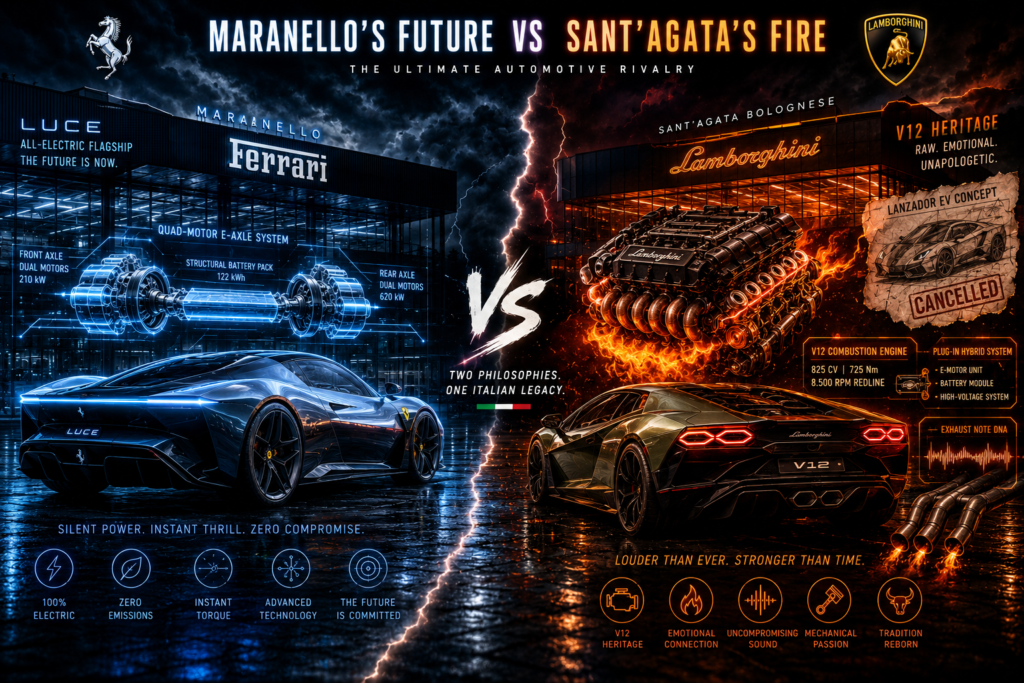 A dramatic split-screen infographic pitting Ferrari against Lamborghini under stormy skies. Left side in cold electric blue shows the Ferrari Luce all-electric flagship with a holographic quad-motor e-axle diagram overhead, labeled with front axle 210 kW and rear axle 620 kW dual motors and a 122 kWh structural battery pack. Right side in combustion orange shows a Lamborghini V12 engine block engulfed in flames beside a cancelled Lanzador EV concept sketch, with plug-in hybrid system specs and exhaust note DNA waveform. A lightning bolt splits both sides at center with the text "Two Philosophies. One Italian Legacy."