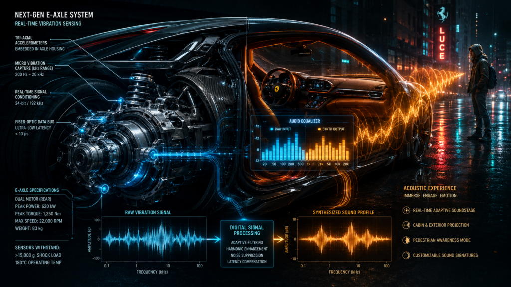 A cinematic cutaway technical diagram of a Ferrari Luce next-gen e-axle system on a rain-slicked neon city street. The exposed axle housing glows with tri-axial accelerometer sensors, with annotations for micro vibration capture at 200Hz–20kHz, real-time 24-bit signal conditioning, and fiber-optic data bus under 10 microseconds latency. Inside the cabin a holographic audio equalizer displays raw blue input versus synthesized amber output frequency bars. Two waveform graphs at the bottom show raw vibration signal transforming through digital signal processing into a clean synthesized sound profile, with a hooded pedestrian standing to the right receiving projected acoustic waves.

