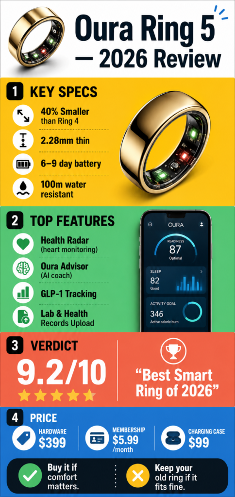 Oura Ring 5 recycled aluminum charging case 
holding one month of battery life