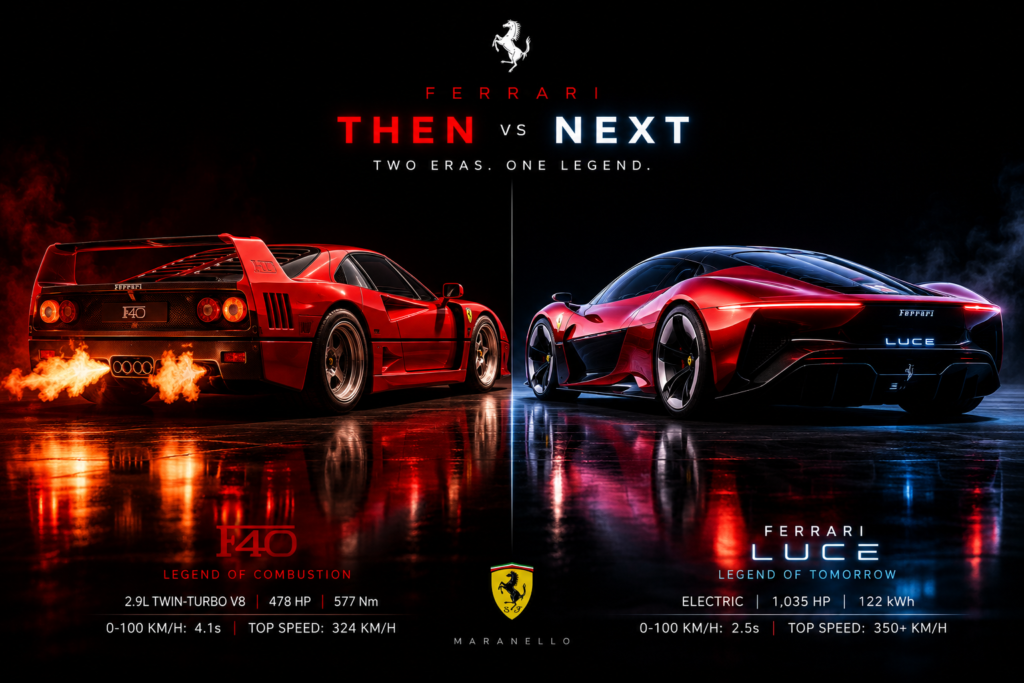 A bold Ferrari editorial poster on a pure black background. Left side shows the iconic Ferrari F40 in Rosso Corsa with flames blasting from quad exhausts, labeled "Legend of Combustion" with specs: 2.9L Twin-Turbo V8, 478 HP, 0–100 in 4.1s, top speed 324 km/h. Right side shows the futuristic Ferrari Luce concept in deep crimson with electric blue accents, labeled "Legend of Tomorrow" with specs: Electric, 1,035 HP, 122 kWh, 0–100 in 2.5s, top speed 350+ km/h. The Ferrari Prancing Horse badge and "Maranello" wordmark anchor the center.
