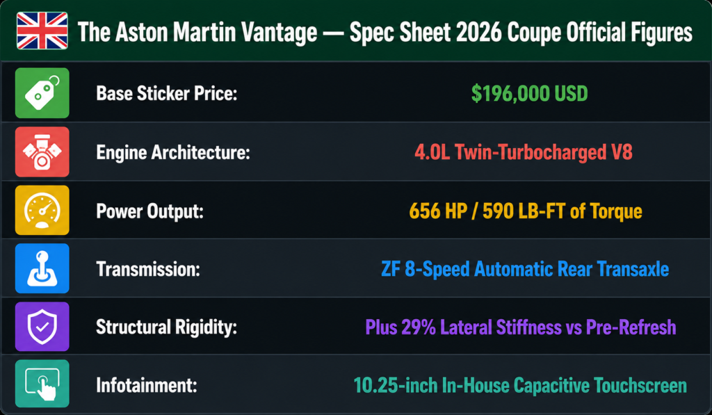 2026 Aston Martin Vantage full spec sheet showing base price $196,000, 656HP twin-turbo V8, 590 lb-ft torque, ZF 8-speed rear transaxle, 29% stiffer chassis and 10.25-inch in-house touchscreen infotainment.