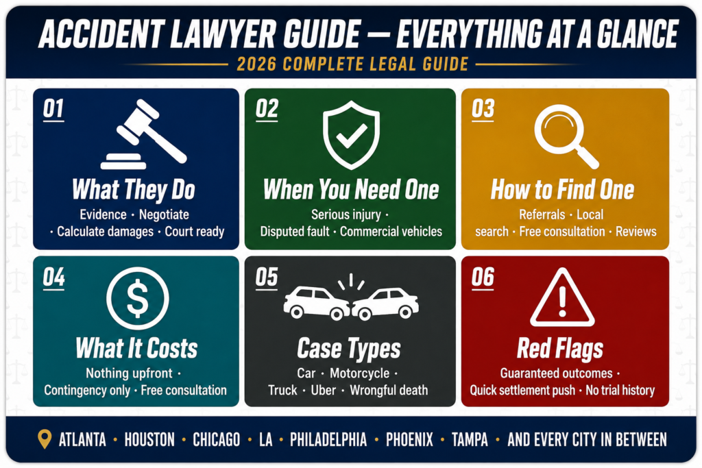 Accident lawyer 2026 infographic summarizing 
what accident lawyers do when you need one 
how to find one what it costs case types and 
red flags in six color coded boxes on white 
background