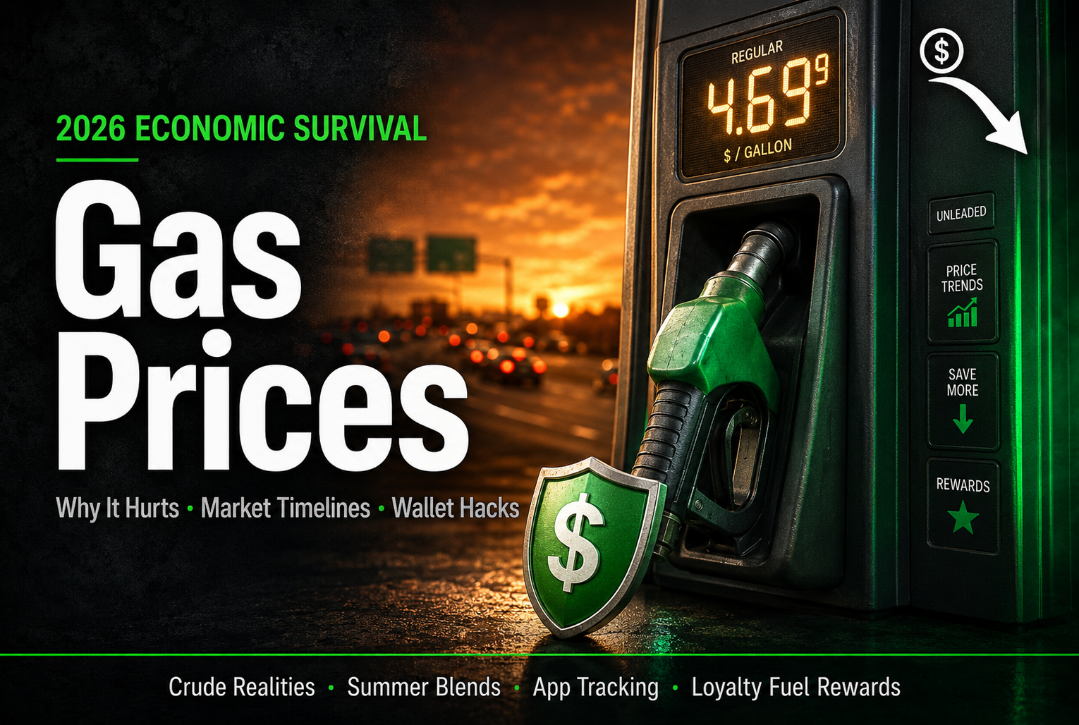 A frustrated man standing at a gas station pump next to his silver car, holding his head in his hand as he looks at the rising price.