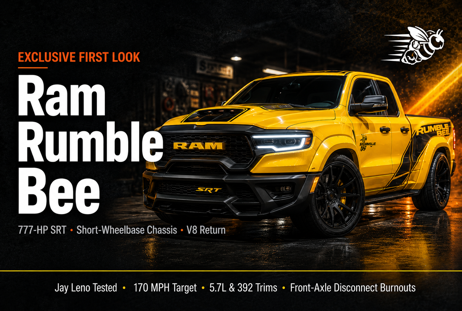A front quarter view of the bright yellow 2027 Ram 1500 Rumble Bee SRT muscle truck featuring black racing stripes, a hood scoop, and a lowered, widebody stance on a race track.