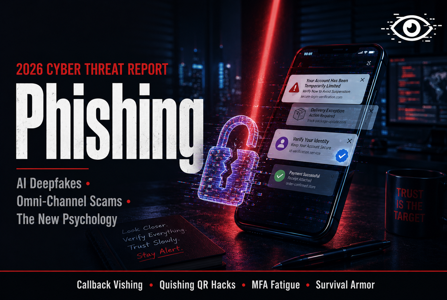 A mockup of a computer screen showing coordinated phishing attempts across an email, a SMS text message, and a Microsoft Teams direct message.