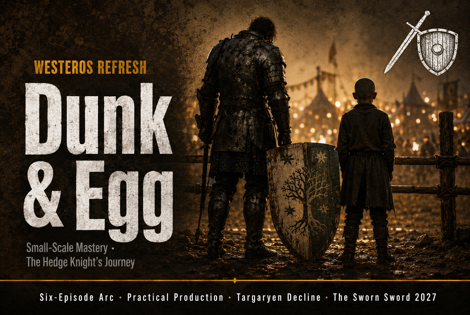 Ser Duncan the Tall, a towering hedge knight, standing next to his young, shaved-headed squire, Egg, on a dirt path in Westeros.