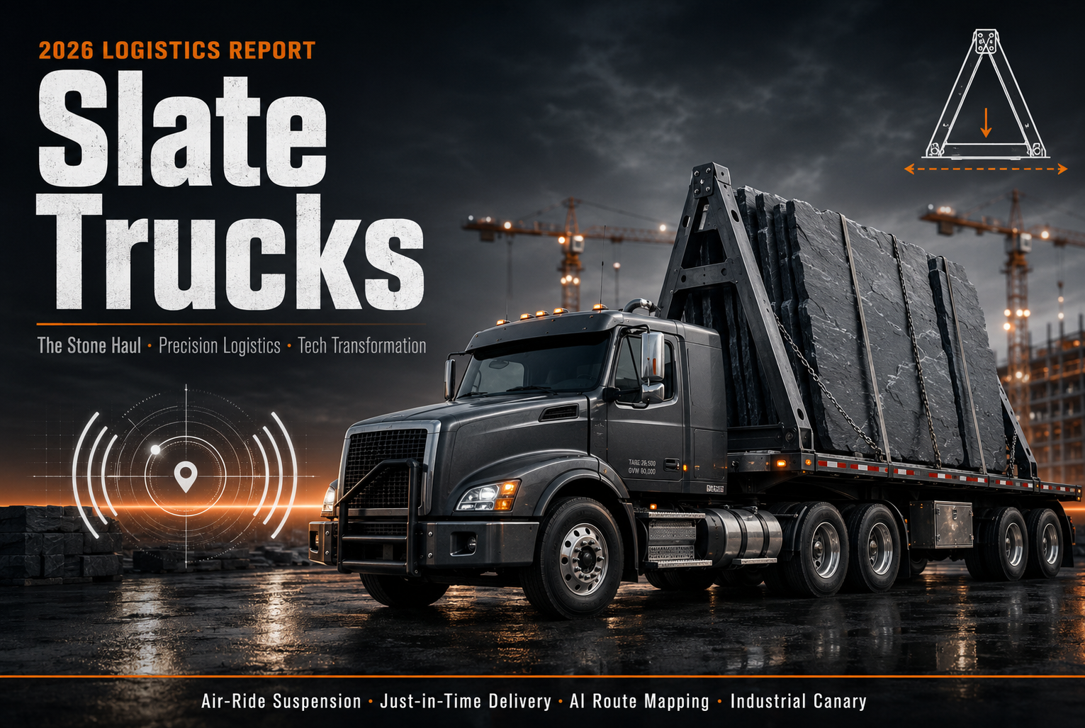 A heavy-duty flatbed transport truck loaded with thick slabs of natural grey slate held in place by a sturdy steel A-frame rack.