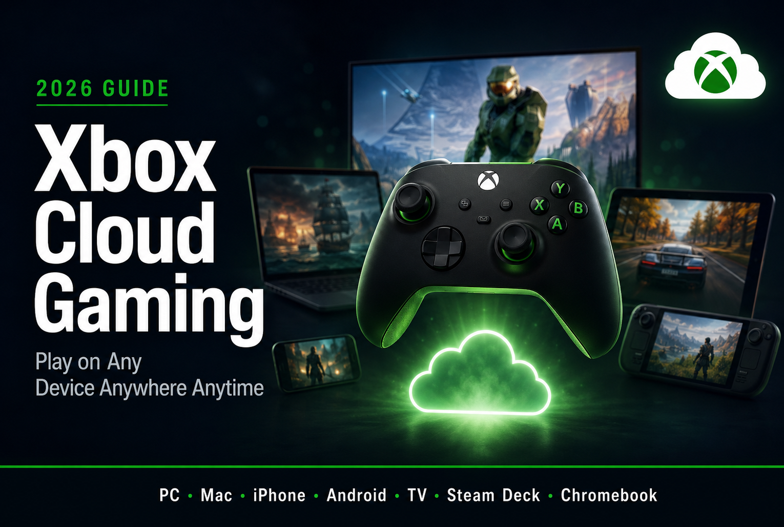 Xbox Cloud Gaming 2026 guide featured thumbnail showing Xbox controller floating above cloud icon on dark navy charcoal background with green accents and bold white headline text