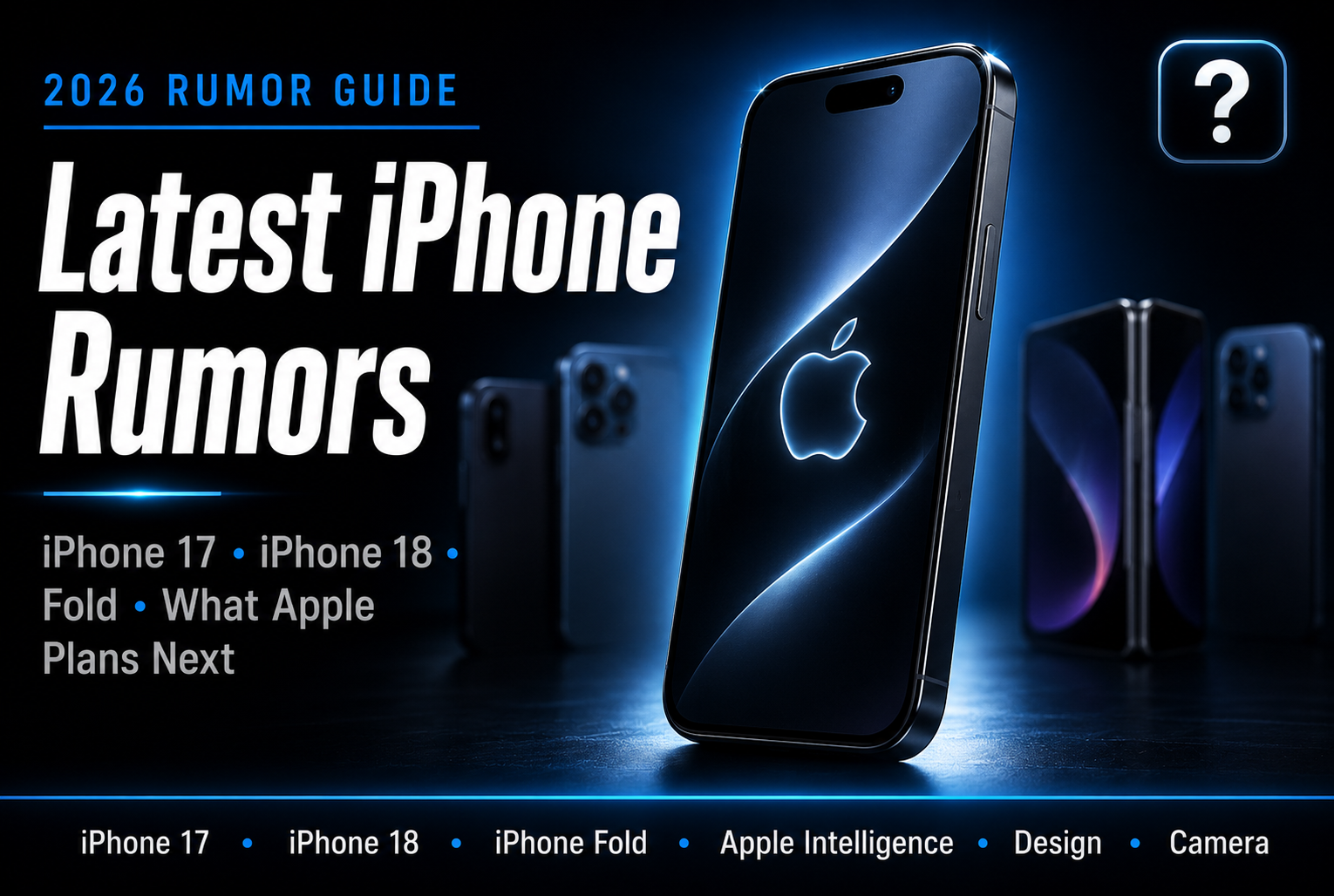Latest iPhone rumors 2026 guide featured thumbnail showing sleek black iPhone on dark charcoal background with electric blue accents faint unreleased device silhouettes and bold white headline text