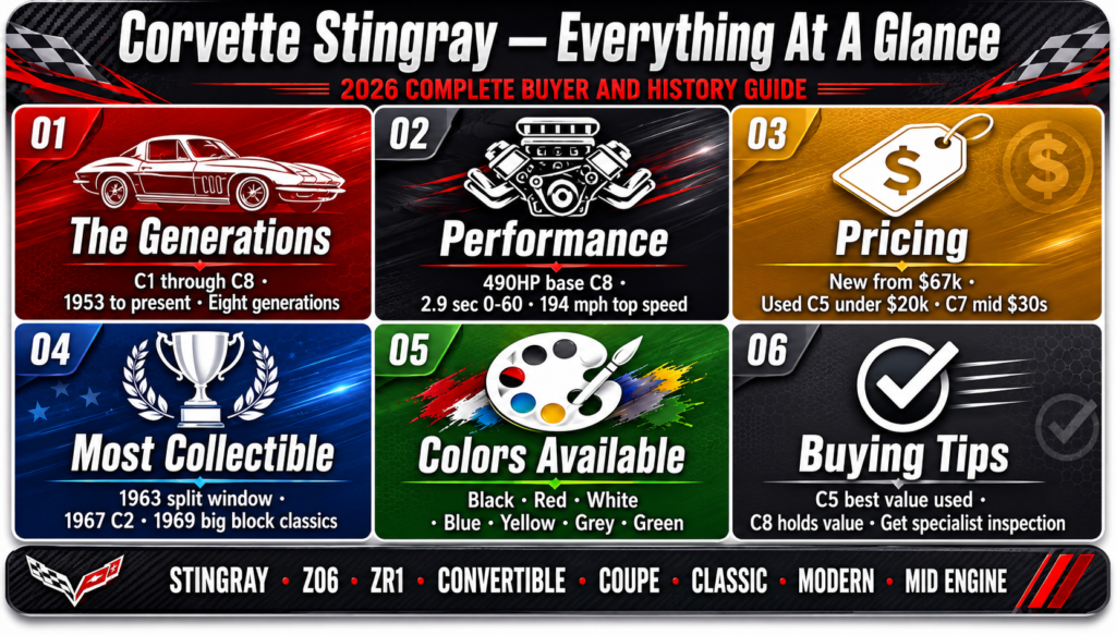 Corvette Stingray 2026 infographic summarizing 
all eight generations performance specs pricing 
most collectible models available colors and 
buying tips in six color coded boxes on white 
carbon fiber background