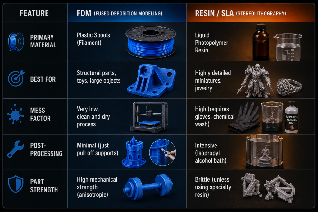A graphic diagram comparing the extrusion method of FDM 3D printing against the light-curing liquid vat method of Resin SLA printing.