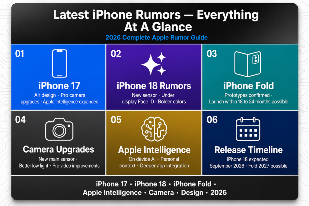 Latest iPhone rumors 2026 infographic
summarizing iPhone 17 iPhone 18 rumors iPhone
Fold camera upgrades Apple Intelligence and
release timeline in six color coded boxes on
white circuit pattern background