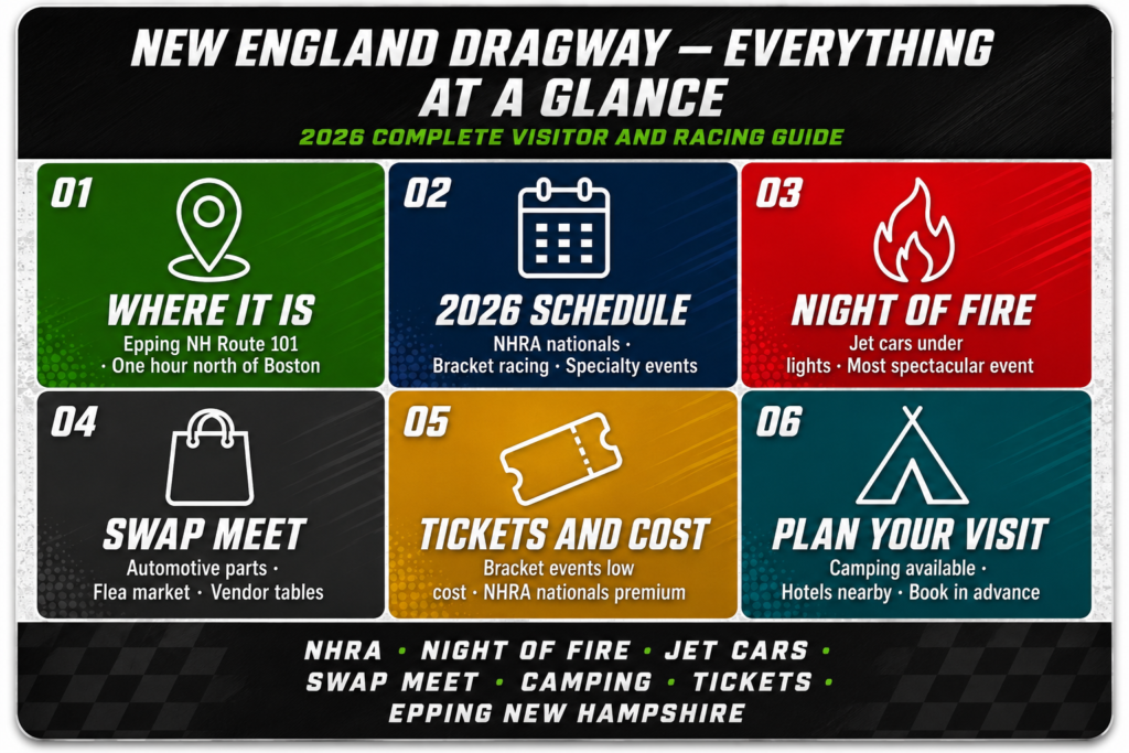 New England Dragway 2026 infographic summarizing
location schedule Night of Fire swap meet tickets
and visitor planning in six color coded boxes
on white asphalt texture background