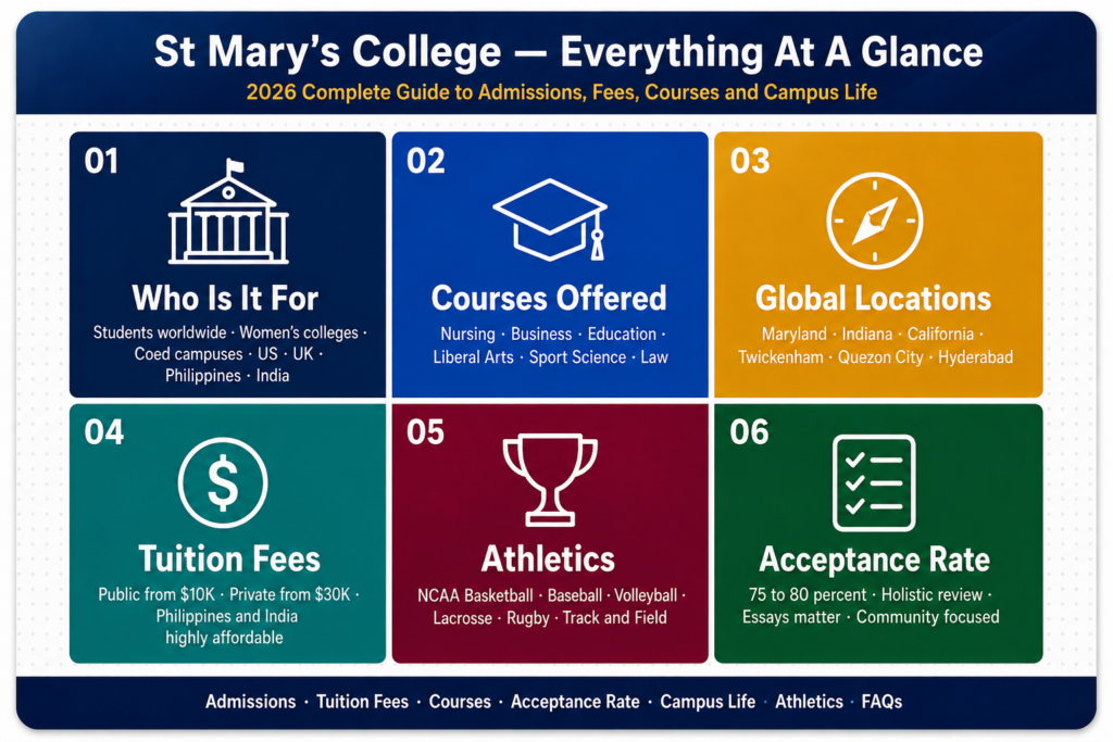 St Mary's College 2025 infographic showing admissions acceptance rate tuition fees courses locations athletics and campus life at a glance