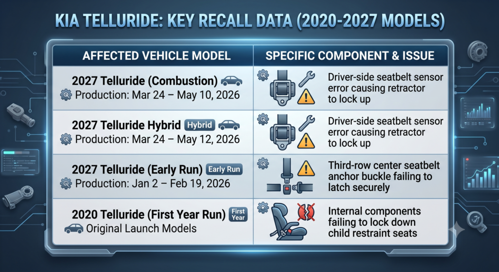 Digital infographic table titled Kia Telluride Key Recall Data displaying vehicle models, production dates from 2020 to 2027, and specific seatbelt component issues with illustrative safety icons.
