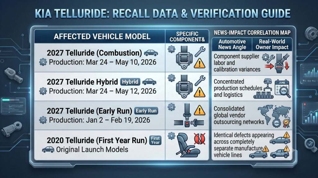 Digital infographic interface titled Global Auto Recall Analysis showing a side-by-side comparison of automotive industry news angles and their matching real-world impacts for owners.