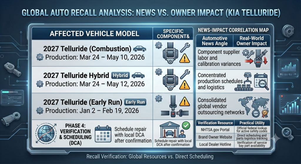 Comprehensive digital dashboard layout summarizing Kia Telluride manufacturing data and cross-referencing public federal databases with direct dealership scheduling resources.