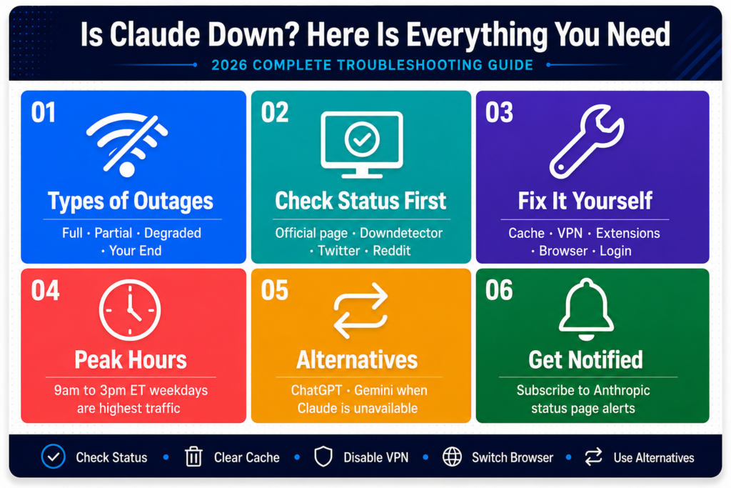 Colorful infographic summarizing the is Claude
down 2026 guide covering outage types status
checks self fixes peak hours alternatives
and notification setup in six color coded boxes