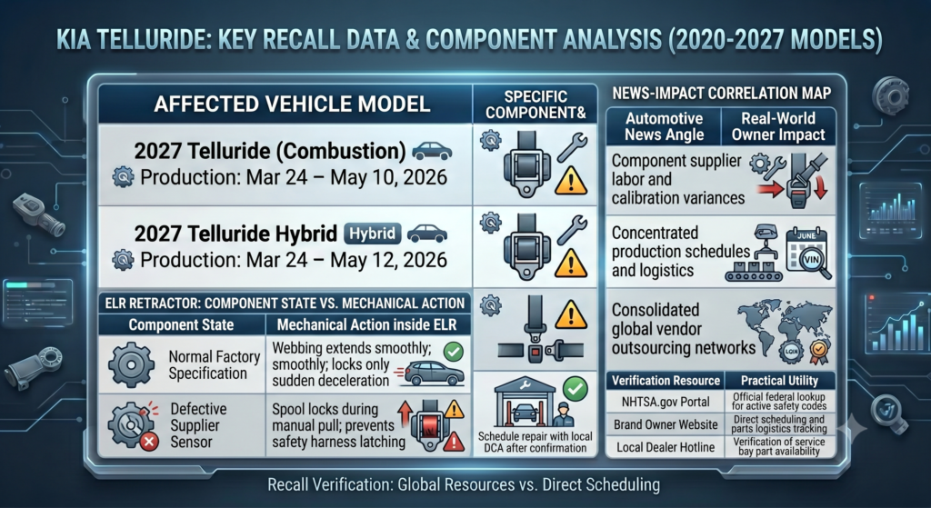 A technical infographic panel comparing a normal Emergency Locking Retractor component state against a defective supplier sensor state, illustrating the mechanical differences in seatbelt performance alongside Kia Telluride model data.