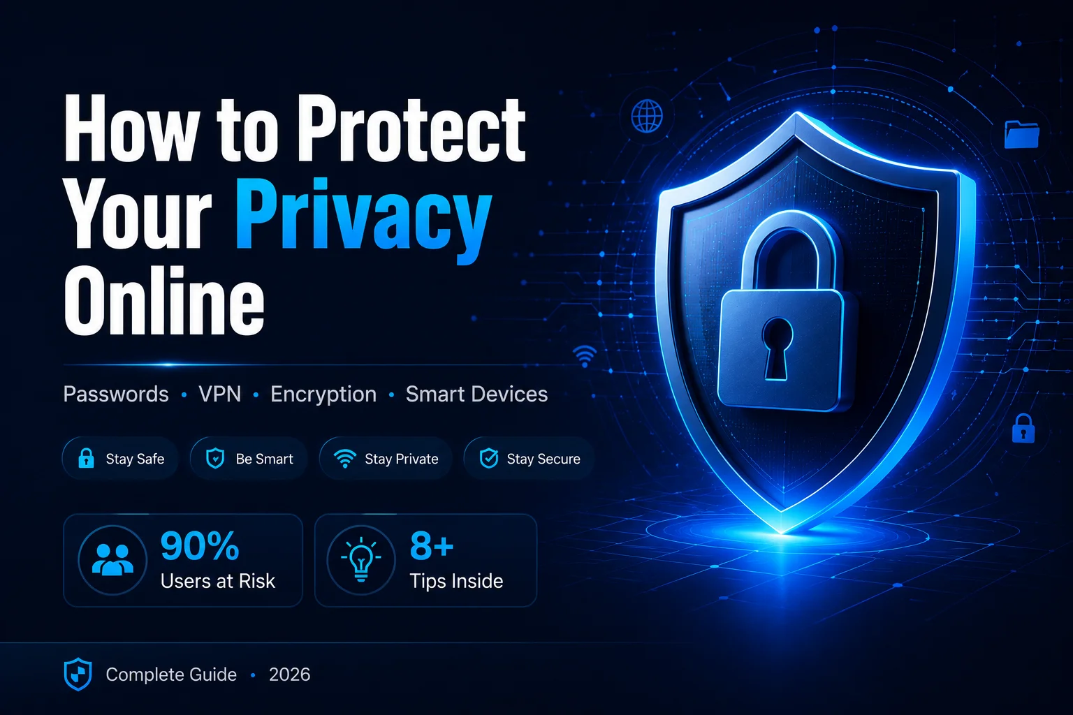 Blog thumbnail for online privacy guide showing a glowing blue shield with padlock on a dark navy background with the title How to Protect Your Privacy Online in 2026