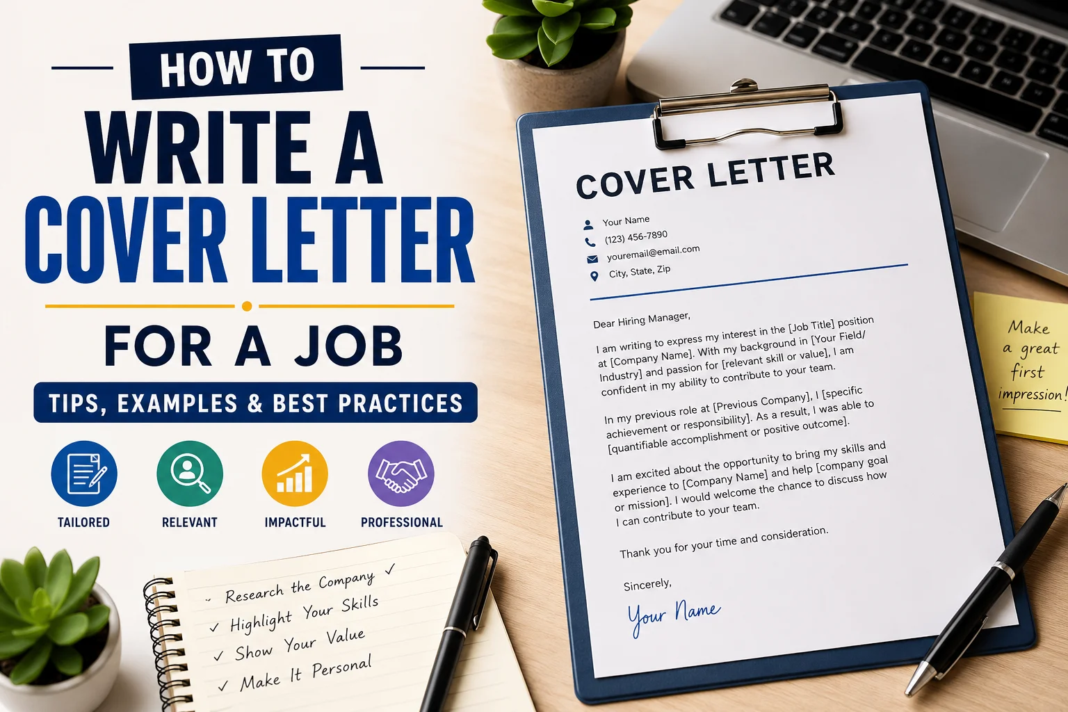 Professional featured image for a blog post about how to write a cover letter for a job, showing a modern office desk with a clipboard holding a cover letter, laptop, pen, notebook, and bold headline text reading “How to Write a Cover Letter for a Job – Tips, Examples & Best Practices.”