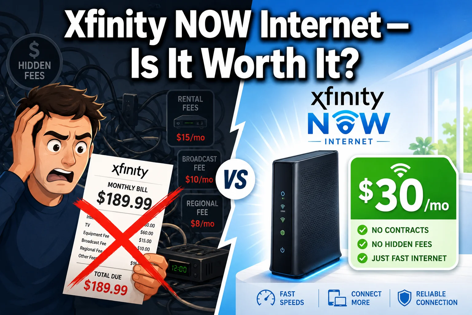Illustration of a frustrated person holding a high Xfinity cable bill crossed out with a red X beside a modern Wi-Fi router showing a $30 per month internet plan comparison.