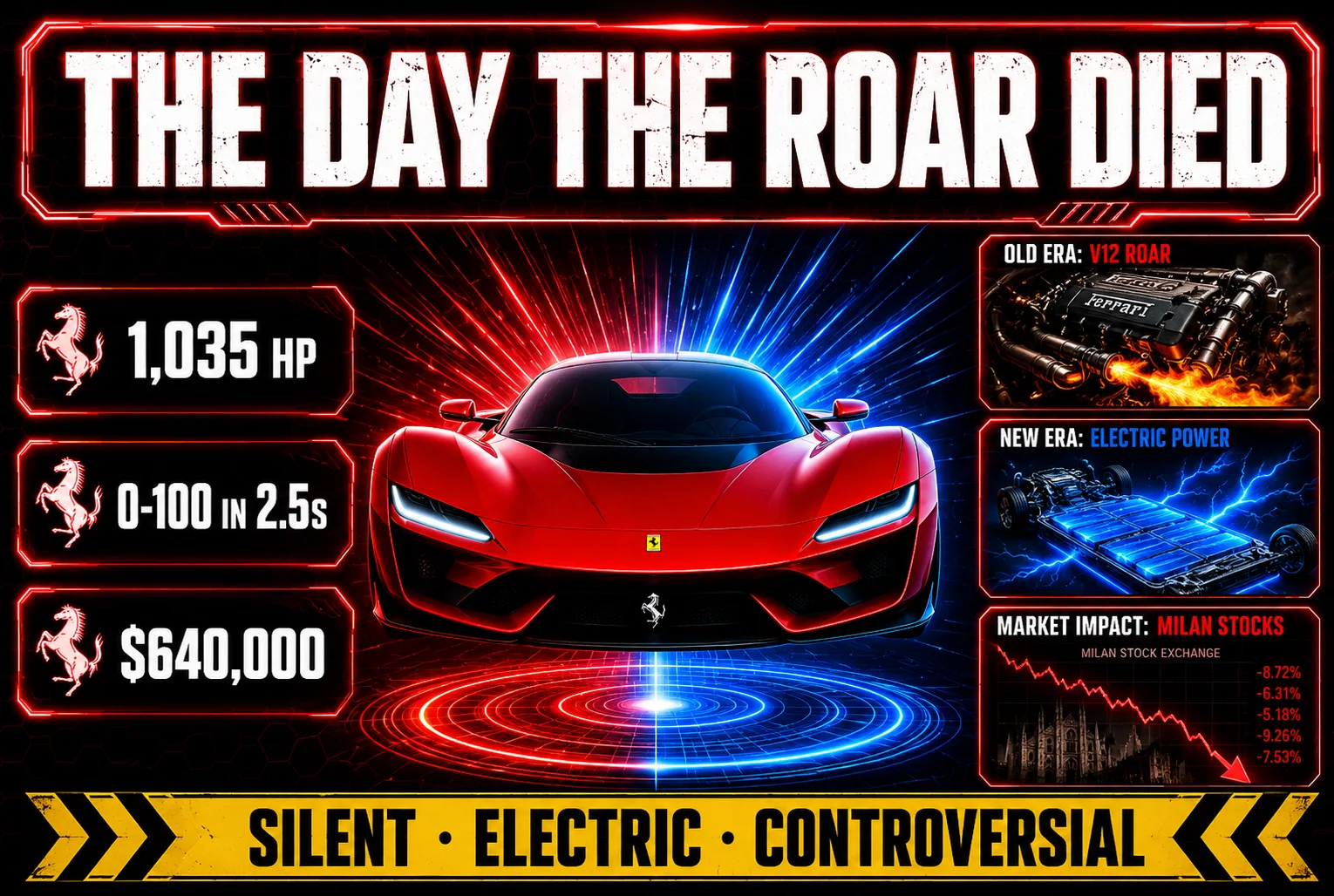 Cinematic thumbnail showing the Ferrari Luce 2026 all-electric supercar in iconic Ferrari red glowing on a neon platform with the bold headline "The Day the Roar Died" overlaid, featuring 1035 horsepower badge, V12 engine legacy panel, electric battery floor panel, and a stock market crash panel representing the $4 billion valuation drop after the controversial Rome unveiling