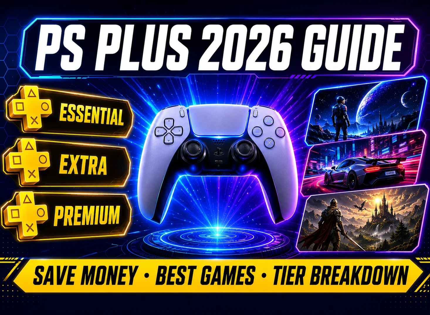 PlayStation 5 controller glowing in blue and purple light with PlayStation Plus 2026 guide text overlay showing Essential, Extra and Premium tiers