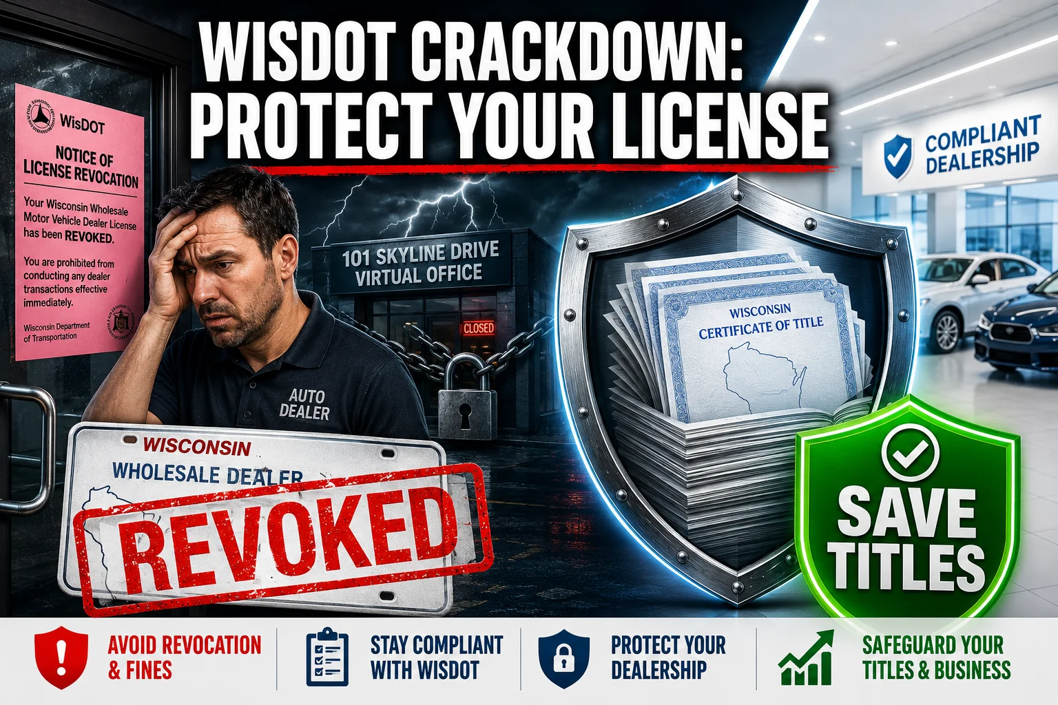 High-contrast editorial graphic illustrating a Wisconsin Department of Transportation dealer license revocation notice, featuring a split comparison of a padlocked virtual office at 101 Skyline Drive and a modern auto showroom.