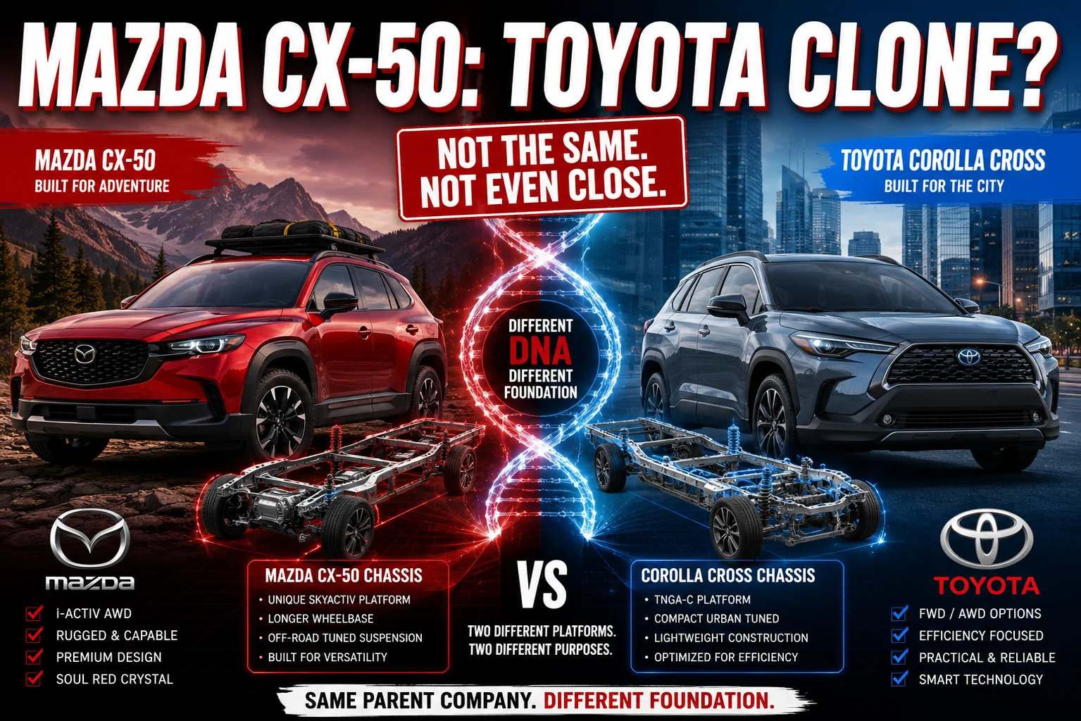 While both models are produced within the same parent company framework, they utilize completely different architectural platforms—the Mazda Skyactiv versus the Toyota TNGA-C—to serve entirely different driver purposes.