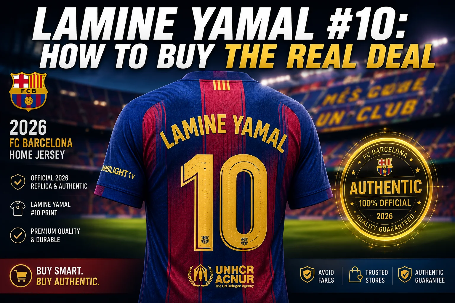Back view of the 2026 FC Barcelona home jersey featuring Lamine Yamal #10 print, alongside an official authentic merchandise gold seal and buying tips