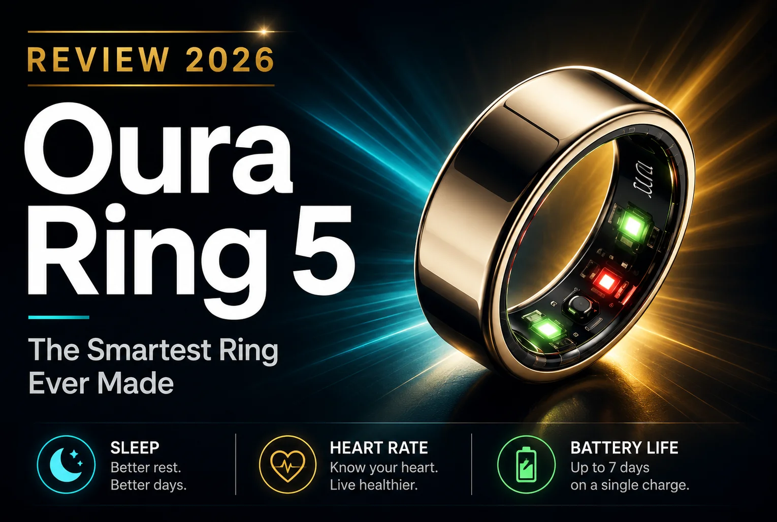Oura Ring 5 review 2026 featured image showing the smart ring on dark background