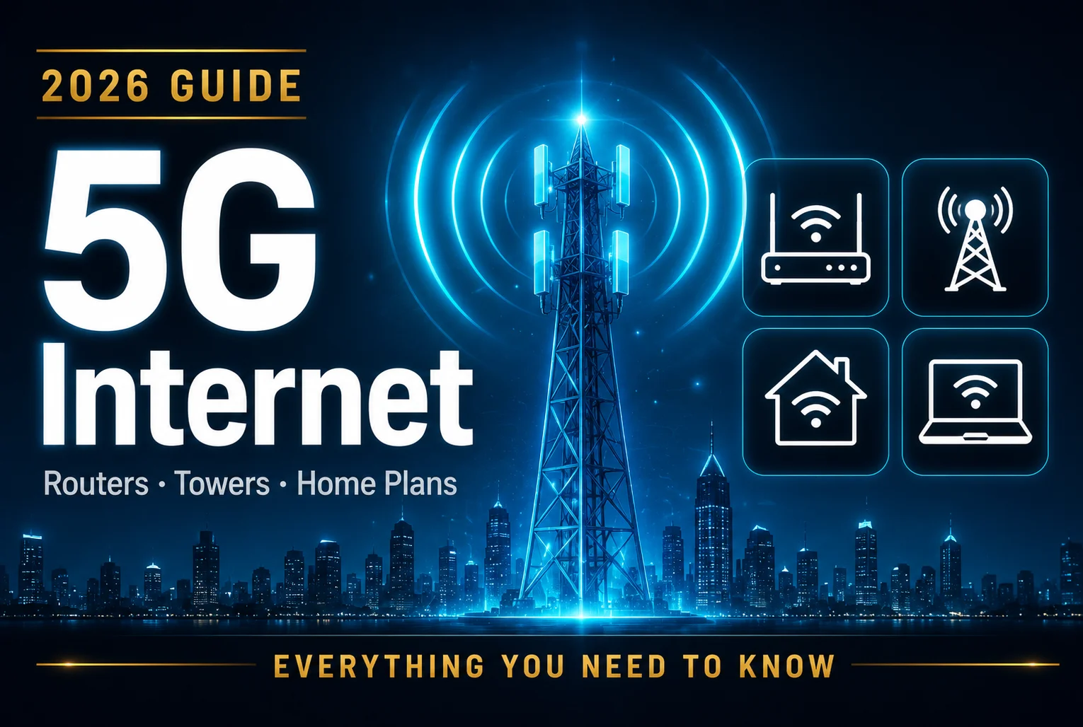 5G internet guide 2026 showing 5G tower with signal waves over city skyline for routers towers and home internet plans explained