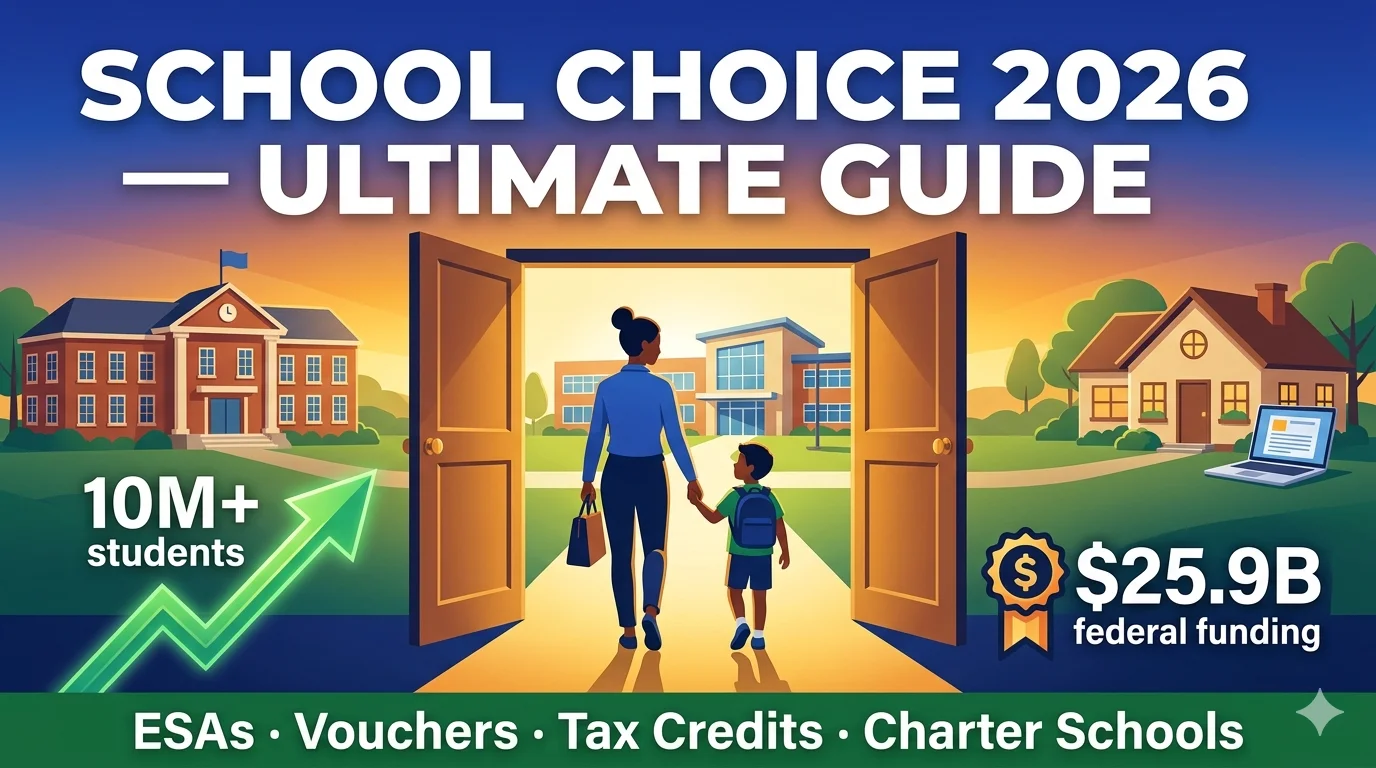 Illustrated thumbnail showing a parent and child walking through open doors toward a bright school landscape with a traditional public school, charter school campus and home homeschooling setup side by side under a hopeful sunrise sky, representing school choice freedom in 2026