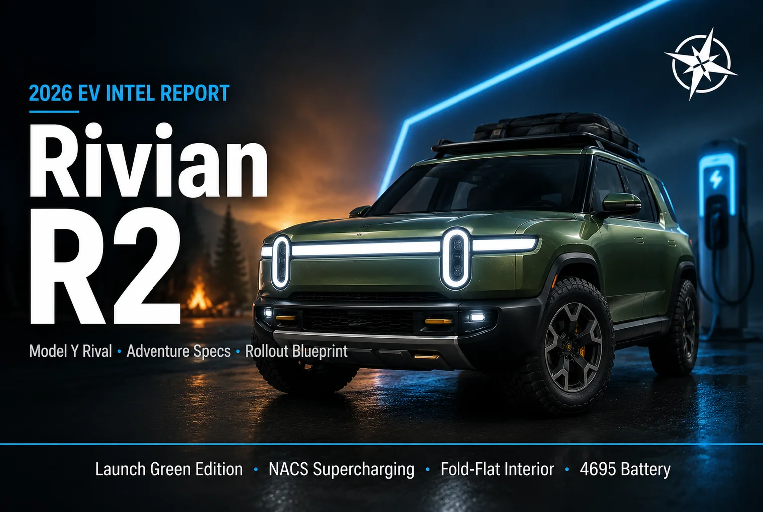 A teal 2026 Rivian R2 electric SUV driving on a coastal road, showcasing its iconic vertical pill-shaped stadium headlights and horizontal light bar.