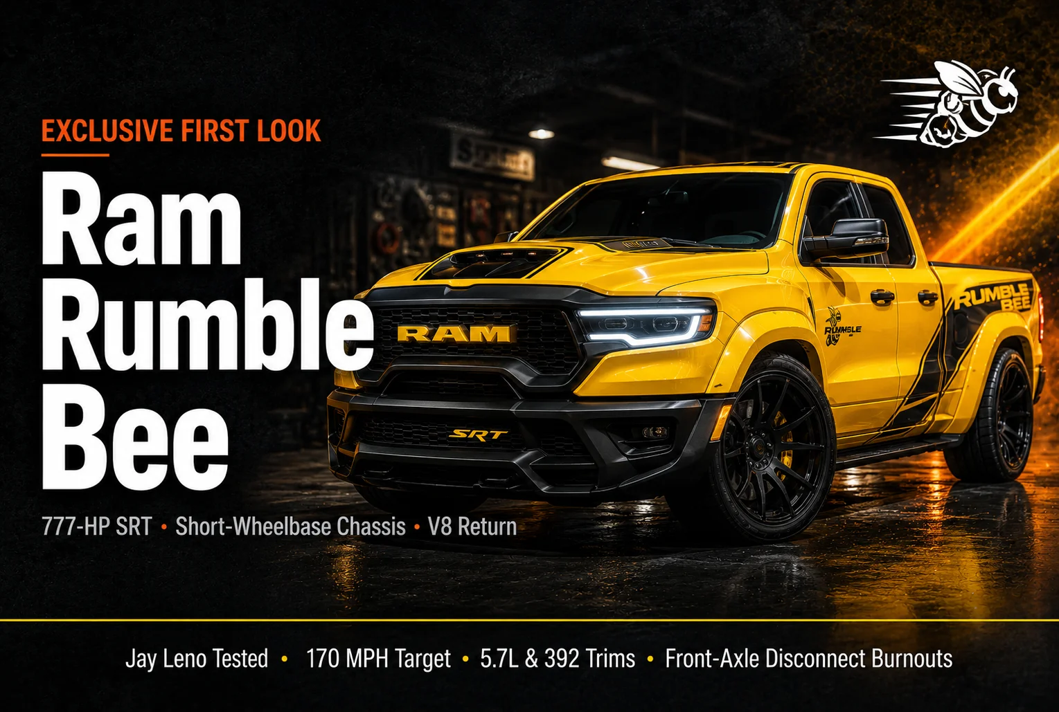 A front quarter view of the bright yellow 2027 Ram 1500 Rumble Bee SRT muscle truck featuring black racing stripes, a hood scoop, and a lowered, widebody stance on a race track.