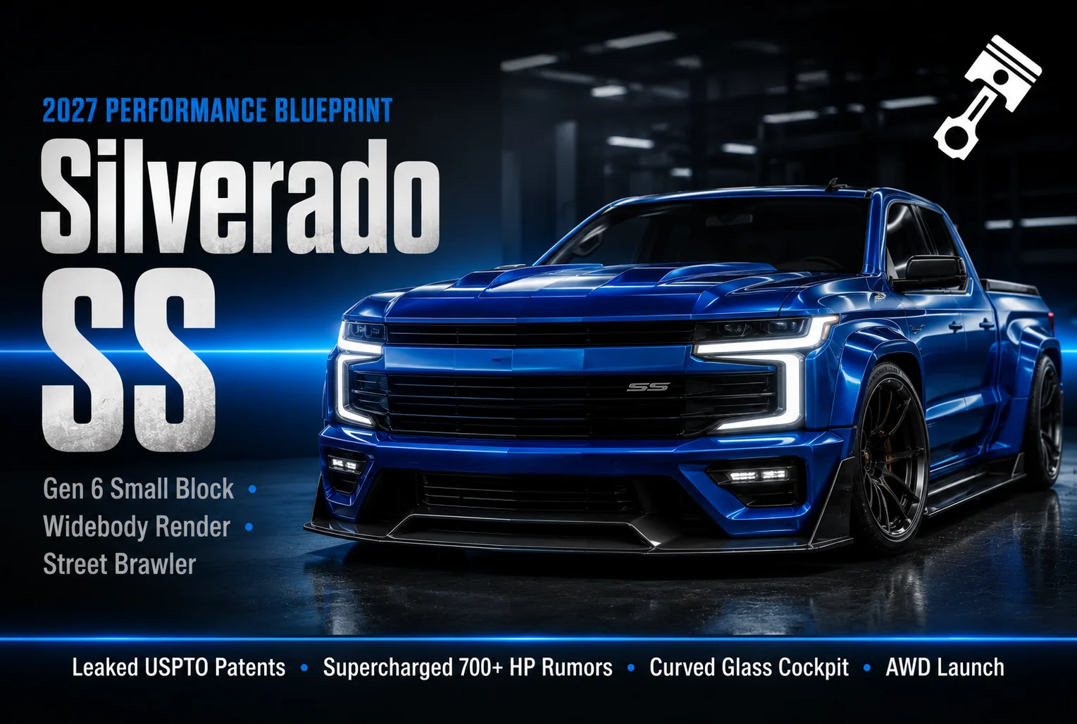 A front-facing digital rendering of a blue 2027 Chevrolet Silverado showcasing a squared-off grille and horizontally split LED headlights.