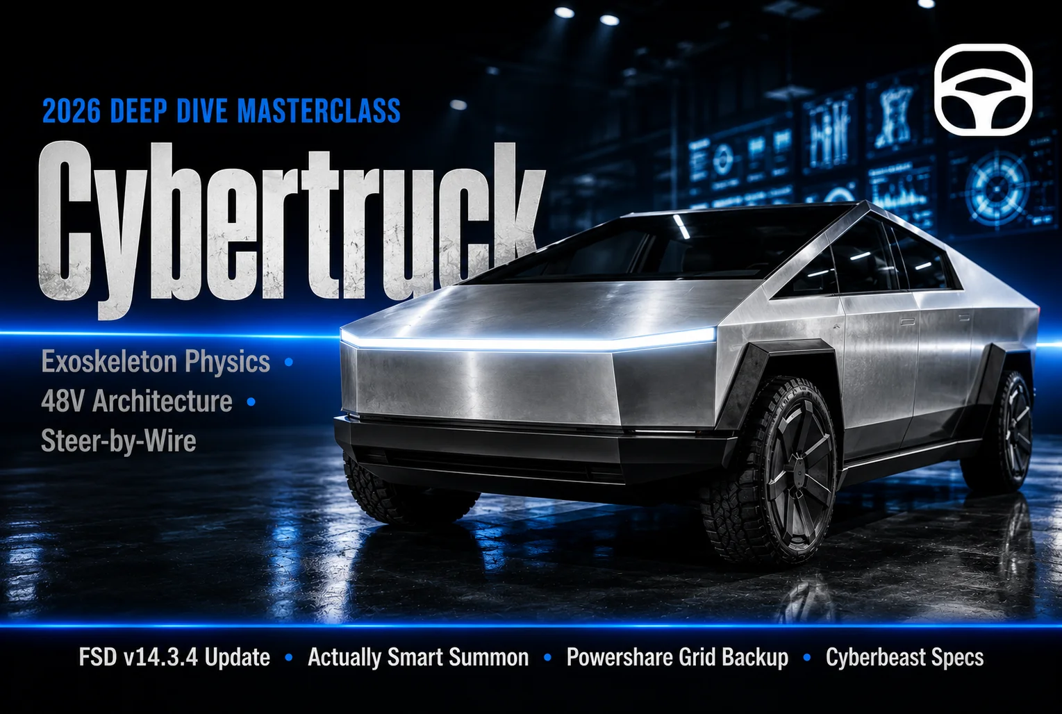 A side profile view of a Tesla Cybertruck driving on a road, highlighting its angular, unpainted stainless-steel exoskeleton and massive tires.