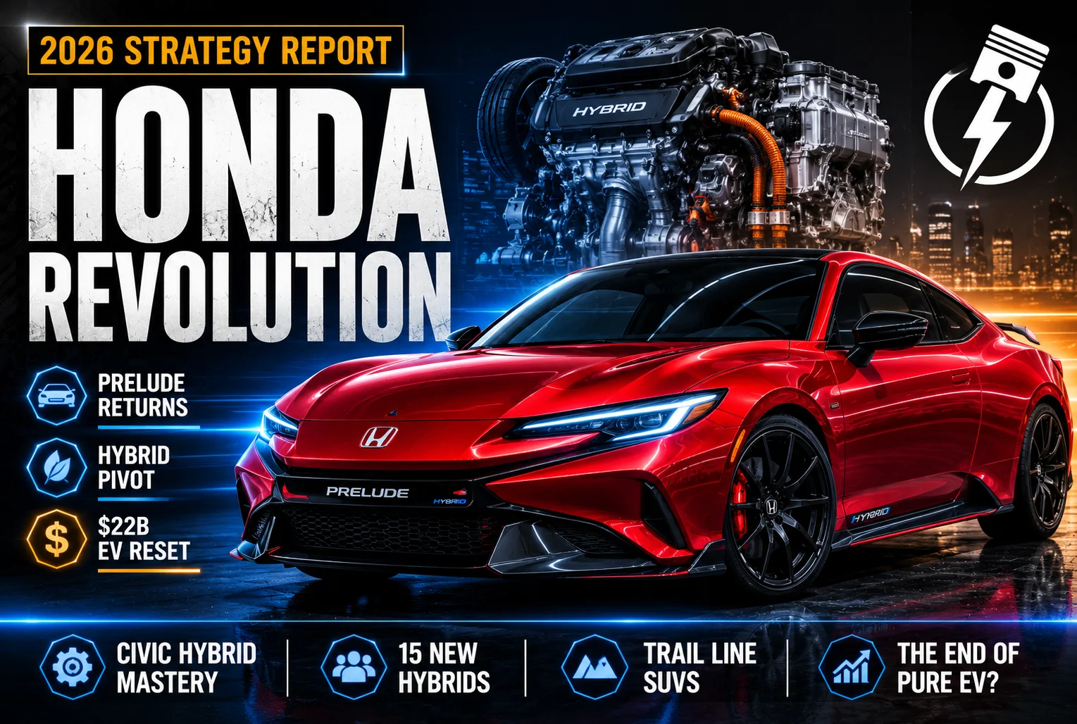 A 2026 Honda Prelude hybrid sports coupe with a red exterior driving on a winding mountain road.