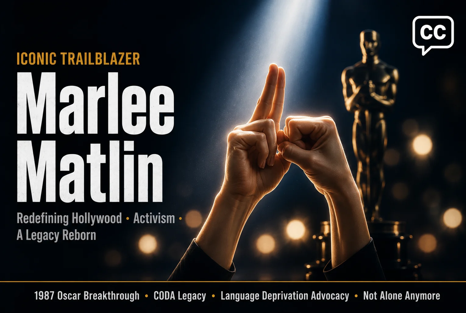 A 21-year-old Marlee Matlin on stage at the 1987 Academy Awards, holding her Oscar and signing with emotion.