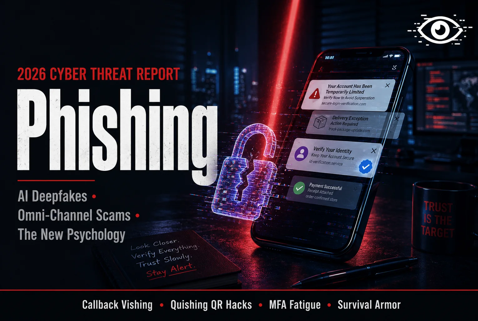 A mockup of a computer screen showing coordinated phishing attempts across an email, a SMS text message, and a Microsoft Teams direct message.