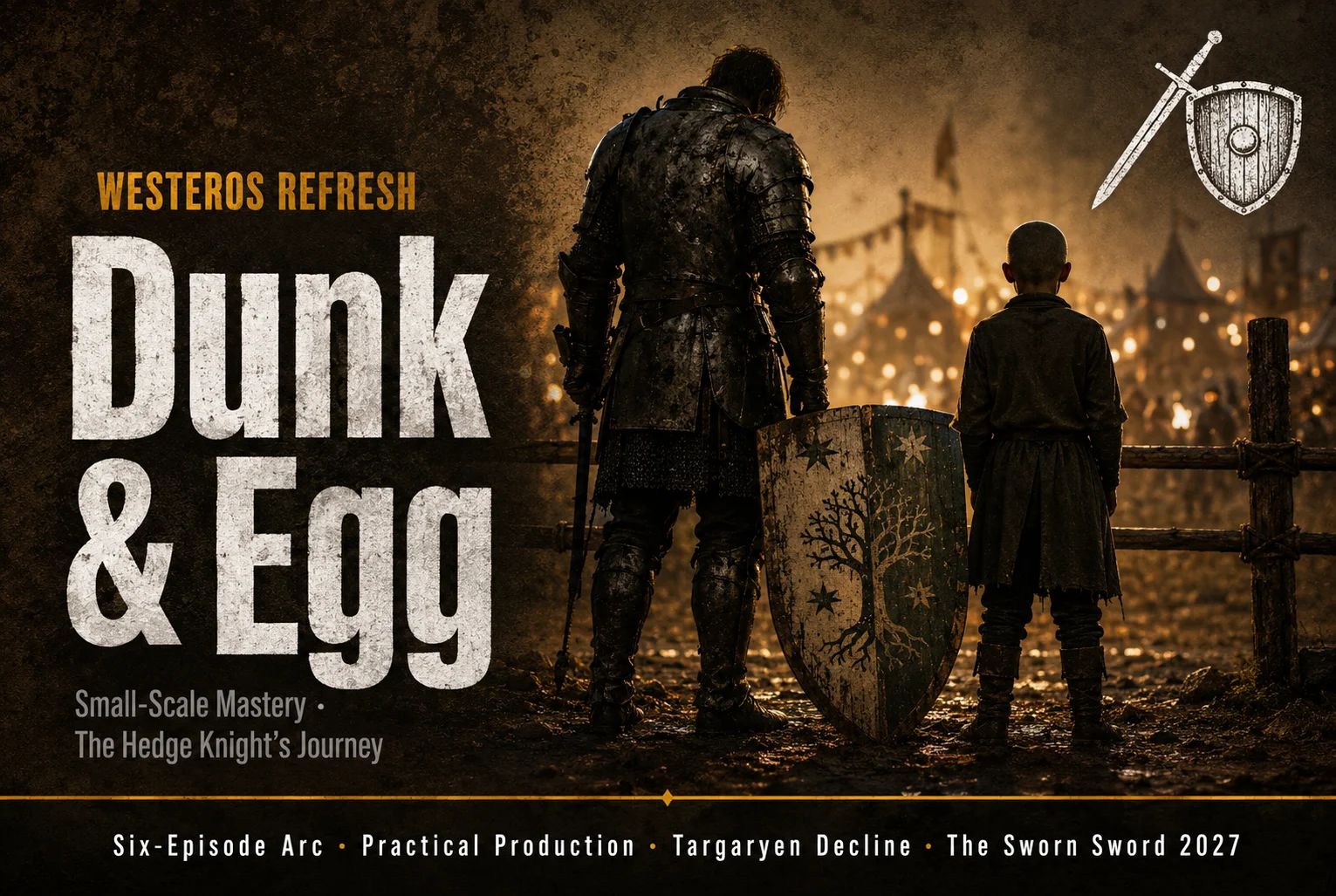 Ser Duncan the Tall, a towering hedge knight, standing next to his young, shaved-headed squire, Egg, on a dirt path in Westeros.