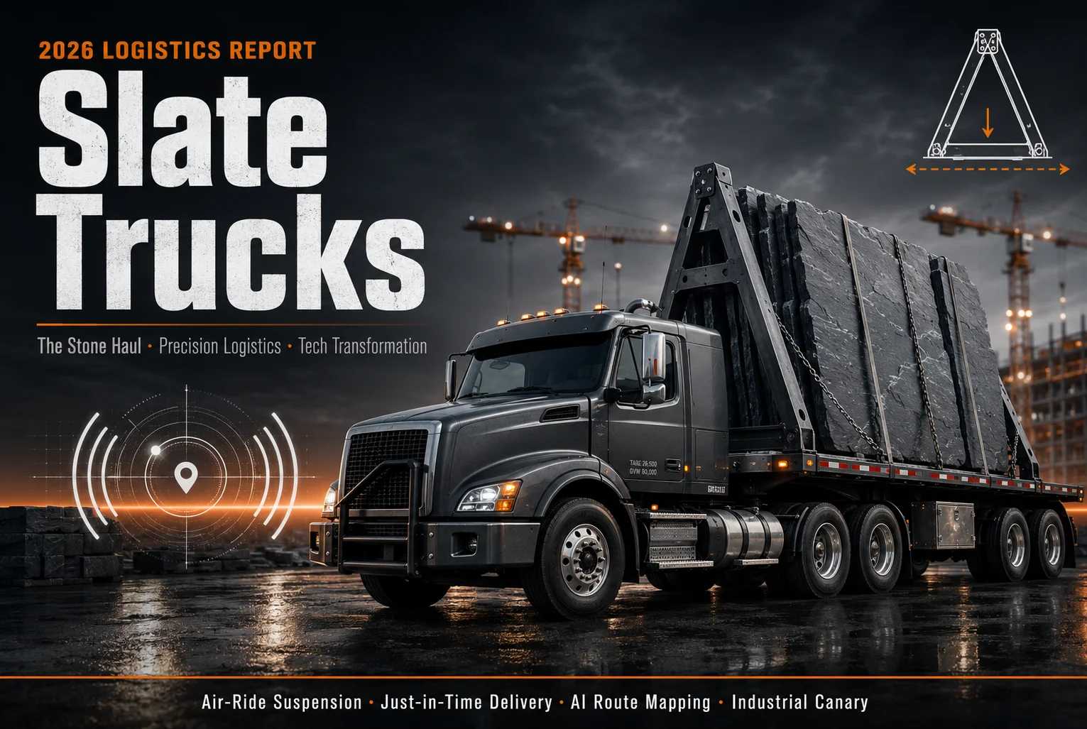 A heavy-duty flatbed transport truck loaded with thick slabs of natural grey slate held in place by a sturdy steel A-frame rack.